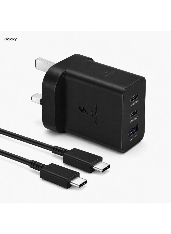 جالاكسي شاحن حائط USB-C أصلي بقوة 65 واط يدعم الشحن فائق السرعة 2.0، محول PD PPS بثلاثة منافذ، منفذا USB-C ومنفذ USB-A، قابس بريطاني، متوافق مع Samsung Galaxy S26/S25/S24/S23 Ultra وFold/Flip وGalaxy Tab، مع كابل 5A بطول 1 متر، أسود - Image 1