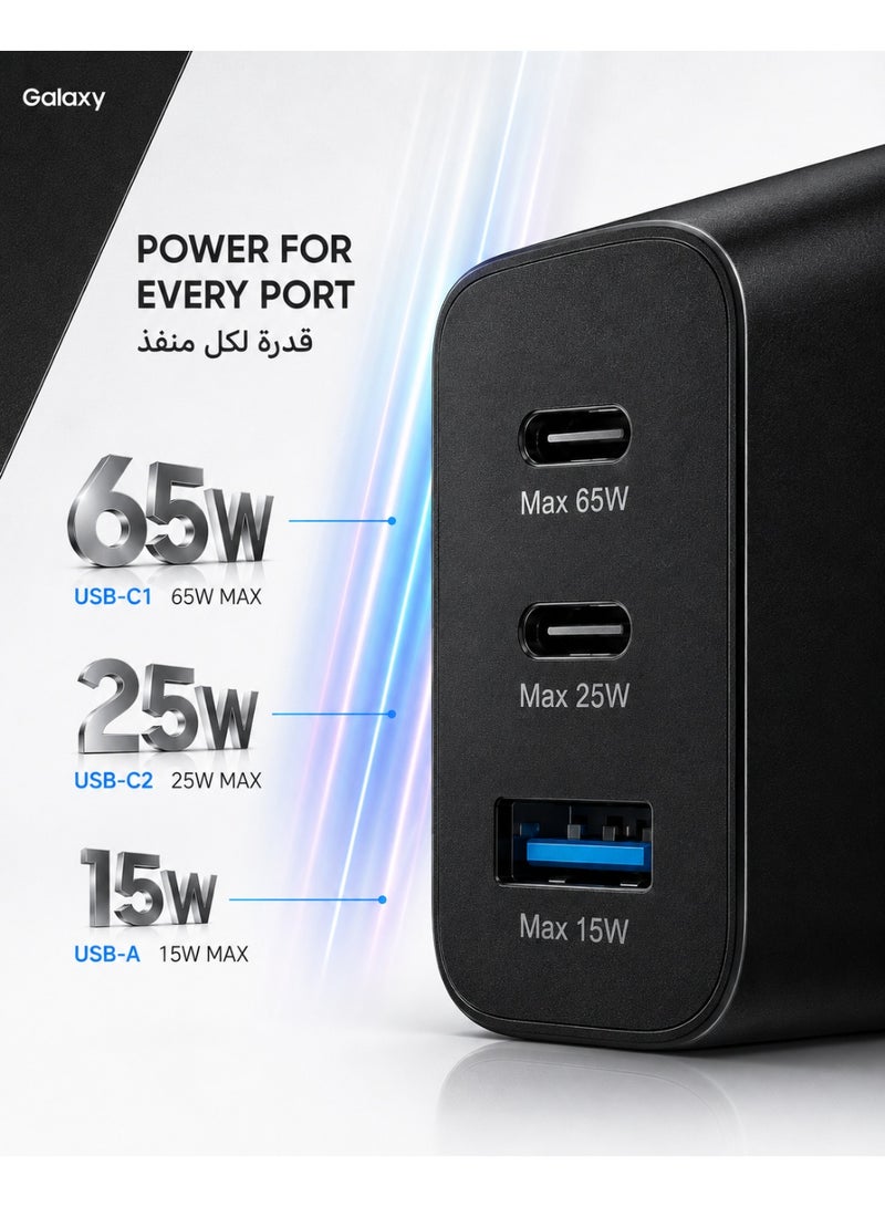 جالاكسي شاحن حائط USB-C أصلي بقوة 65 واط يدعم الشحن فائق السرعة 2.0، محول PD PPS بثلاثة منافذ، منفذا USB-C ومنفذ USB-A، قابس بريطاني، متوافق مع Samsung Galaxy S26/S25/S24/S23 Ultra وFold/Flip وGalaxy Tab، مع كابل 5A بطول 1 متر، أسود - Image 3