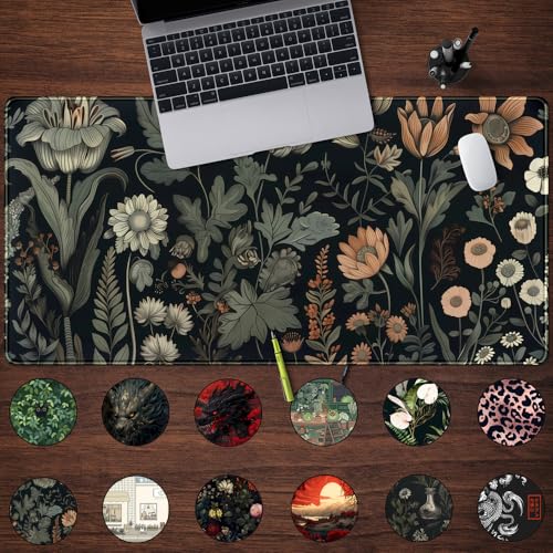 Mechanical Cattle Aesthetic Vintage Dark Flower Plants Wildflowers Large Gaming Mousepad XXL Keyboard Mouse Mat Full Desktop Mat Women Desk Cover Mat for Work Office Home 31.5x15.8 in - Image 2