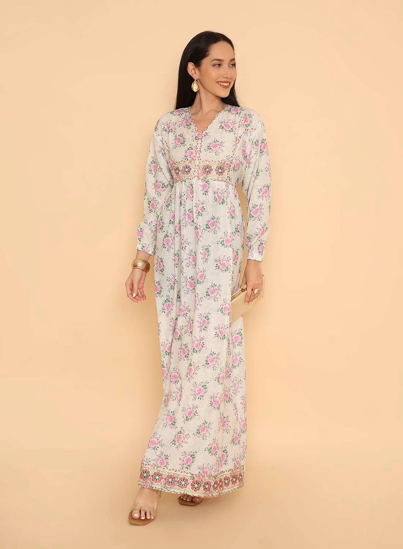 HANA & SARA Trendy womens pure viscose long arabic jalabiya dress with unique flowery stone beaded design - Image 1