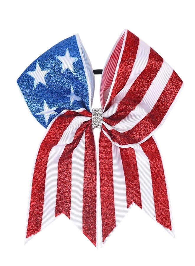 DIUEWOW 2PCS American Flag 8 Inch Glitter Ribbon Patriotic Bow Ties with Elastic for 4th of July, Independence Day Hair Accessories for Teens Kids (Style A) - Image 3