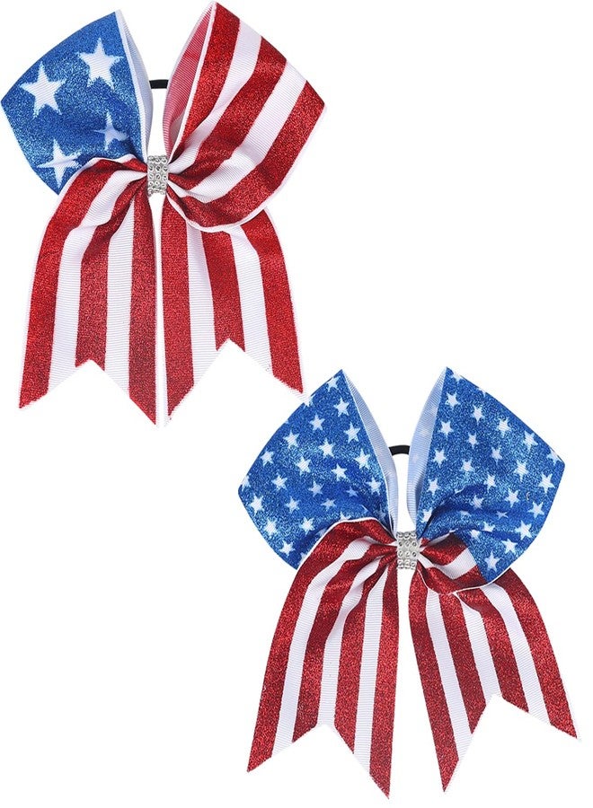 DIUEWOW 2PCS American Flag 8 Inch Glitter Ribbon Patriotic Bow Ties with Elastic for 4th of July, Independence Day Hair Accessories for Teens Kids (Style A) - Image 1