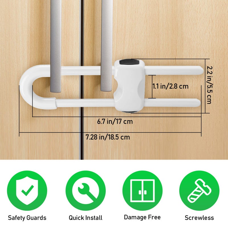 HFATMOS 4 Pcs Cabinet Locks for Baby Proof, Child Proof Cabinet Latches U Shaped, Child Cabinet Locks for Handles Drawers Closet Fridge White - Image 2