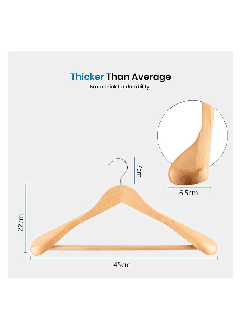 44.5cm Natural Wood Wide Shoulder Suit Hangers 10 PCS, Coat Hanger with Non Slip Pants Bar, for Jacket Trousers and Coat, 360° Swivel Hook