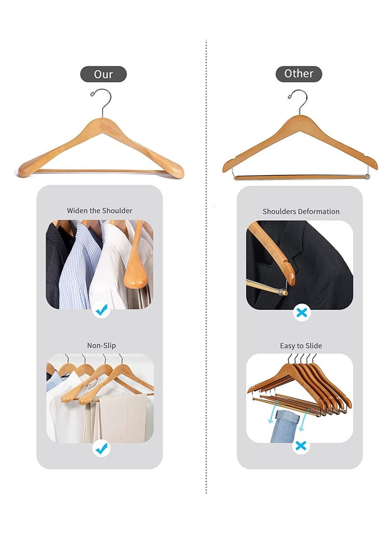 44.5cm Natural Wood Wide Shoulder Suit Hangers 10 PCS, Coat Hanger with Non Slip Pants Bar, for Jacket Trousers and Coat, 360° Swivel Hook