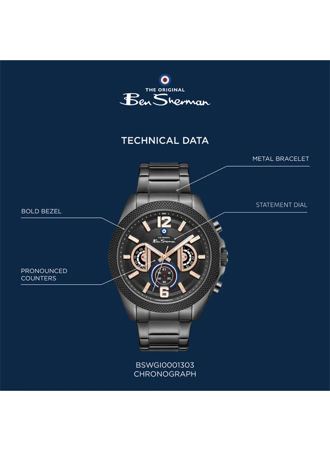Ben Sherman black Sheffield Black Dial Black Stainless Steel Bracelet Chronograph Watch for Men, 44mm for Men | Best Price UAE