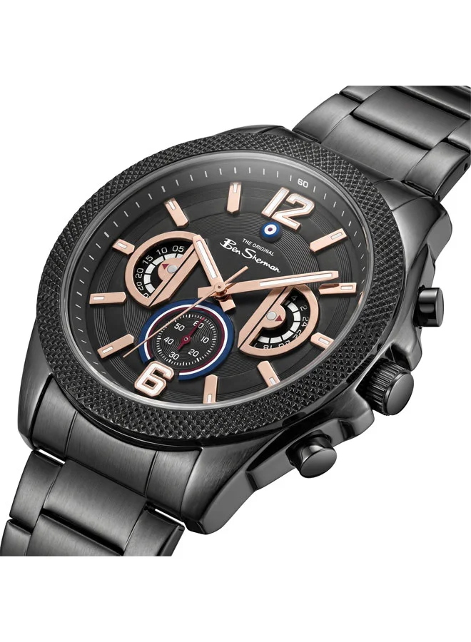 بين شيرمان Sheffield Black Dial Black Stainless Steel Bracelet Chronograph Watch for Men, 44mm