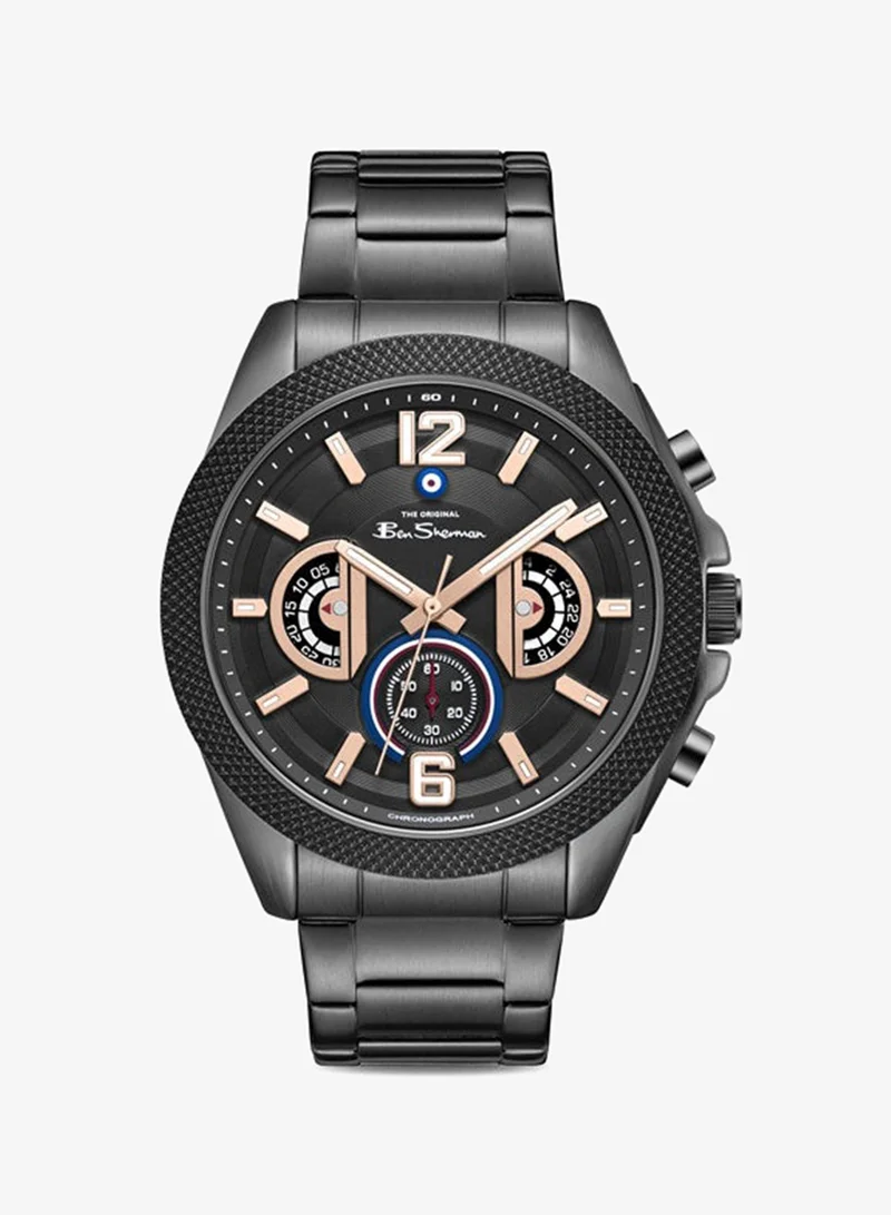 Ben Sherman Sheffield Black Dial Black Stainless Steel Bracelet Chronograph Watch for Men, 44mm