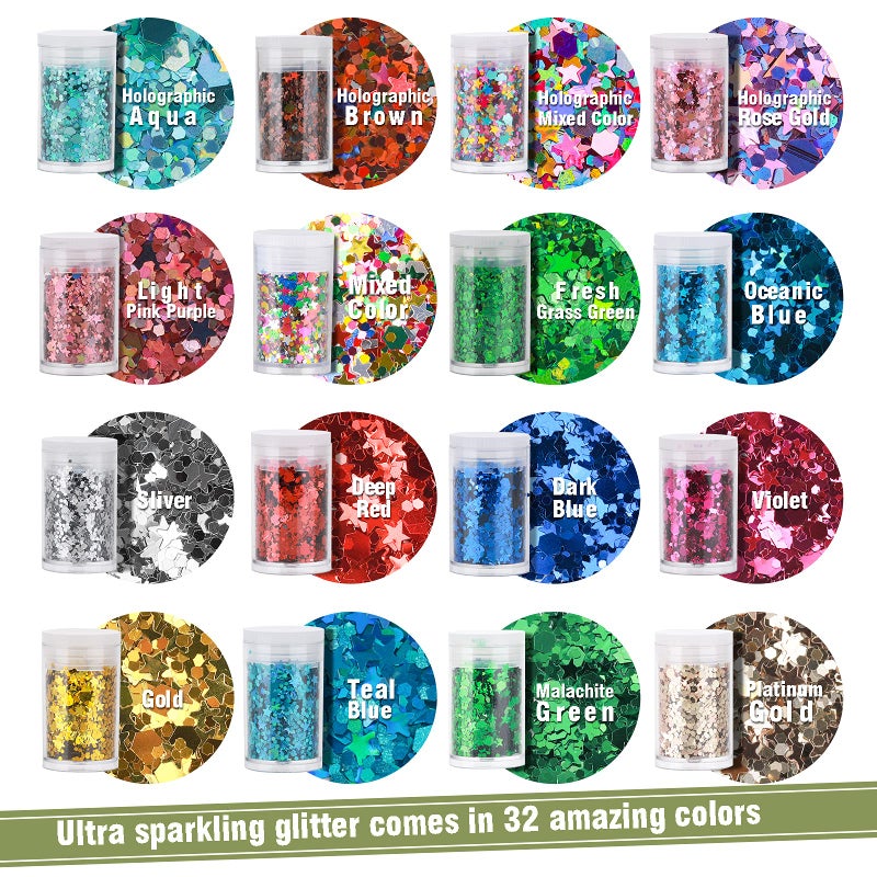 Teenitor Glitter, Chunky Glitter Mixed, Nail Glitter with Stars, Cosmetic Face Body Eye Hair Glitter, 32pcs - Image 4