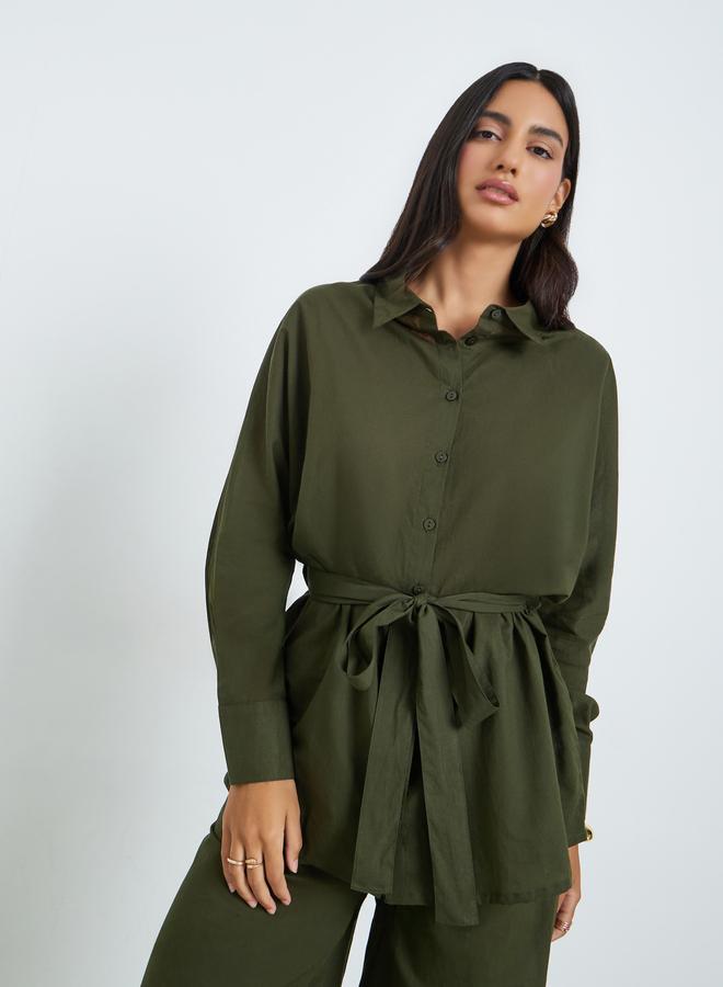 Styli Olive Oversized Cotton Shirt and Pants Co-ords - Image 2
