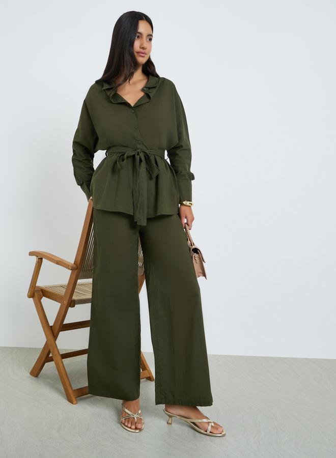 Styli Olive Oversized Cotton Shirt and Pants Co-ords - Image 1