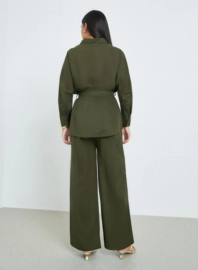 Styli  Olive Oversized Cotton Shirt and Pants Co-ords for Women | Best Price UAE