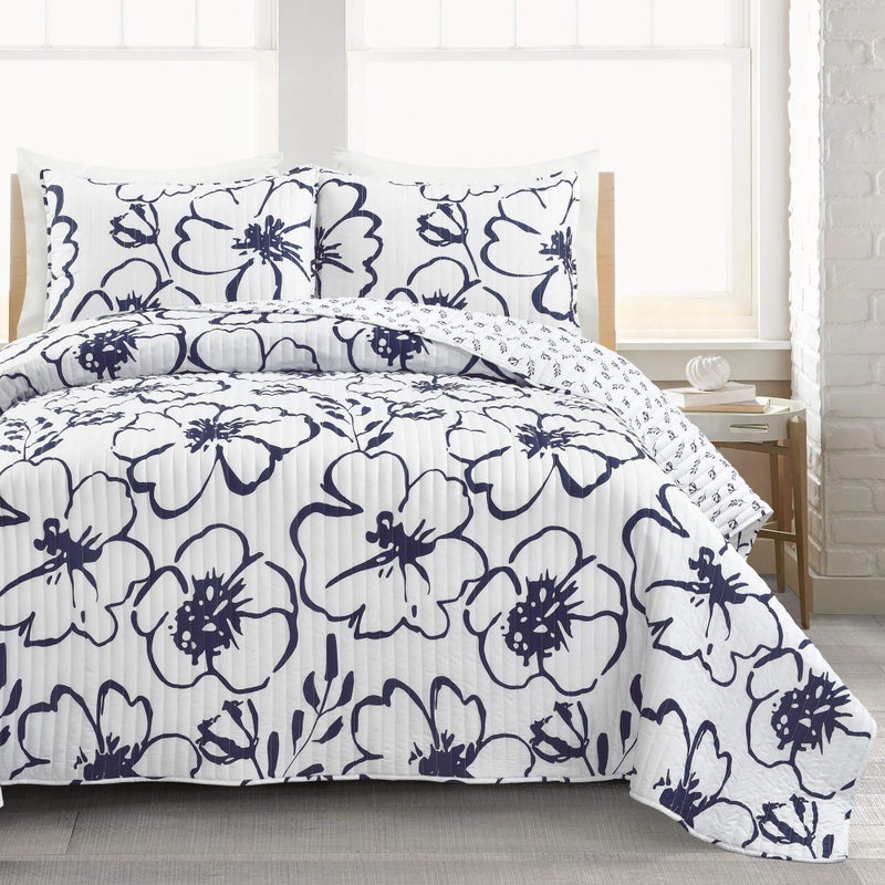 Lush Decor Scandinavian Floral 3 Piece Quilt Set FullQueen Navy  White