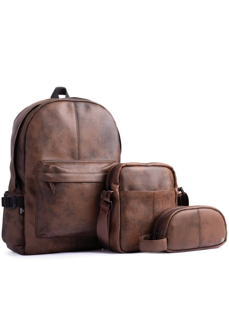 Ar supply Ar Leather Set by Arij Bags, 3-Piece Bag Set, Backpack + Crossbody + Mini Kit, Faux Leather, Daily Use & Travel (Brown) - Image 1