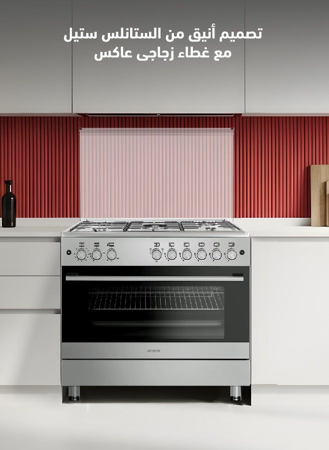 Tornado 90 x 60 cm Freestanding Gas Cooker, Sabaf Burners, Full Safety, Turbo Fan, Cooling Fan, Cast Iron Pan Support, Stainless Steel Finish, Reel Close Door, Turkey, 9T10HUS2X11SA - Image 3