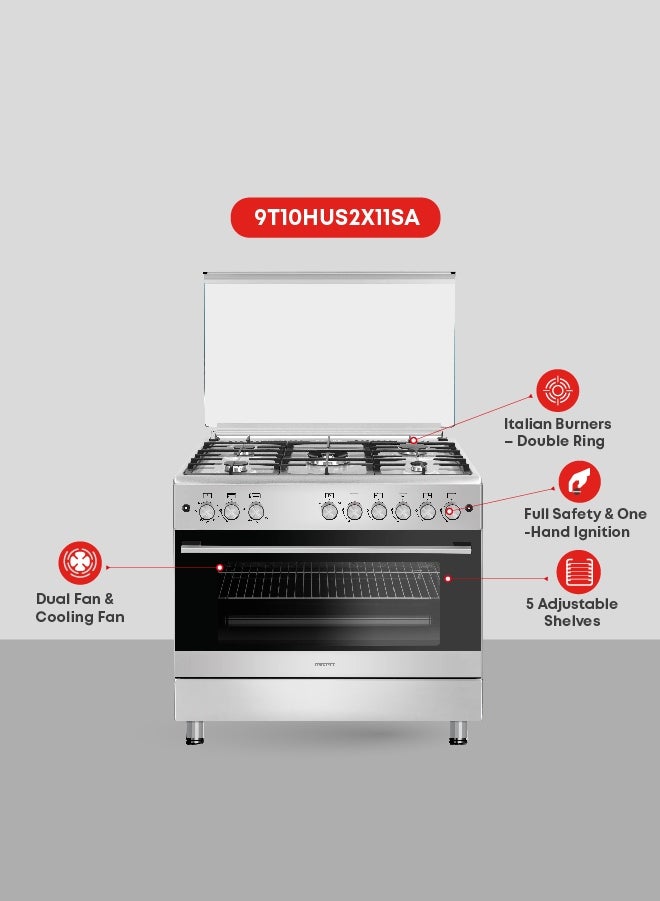 Tornado 90 x 60 cm Freestanding Gas Cooker, Sabaf Burners, Full Safety, Turbo Fan, Cooling Fan, Cast Iron Pan Support, Stainless Steel Finish, Reel Close Door, Turkey, 9T10HUS2X11SA - Image 4