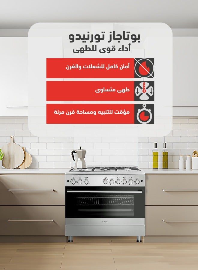 Tornado 90 x 60 cm Freestanding Gas Cooker, Sabaf Burners, Full Safety, Turbo Fan, Cooling Fan, Cast Iron Pan Support, Stainless Steel Finish, Reel Close Door, Turkey, 9T10HUS2X11SA - Image 1