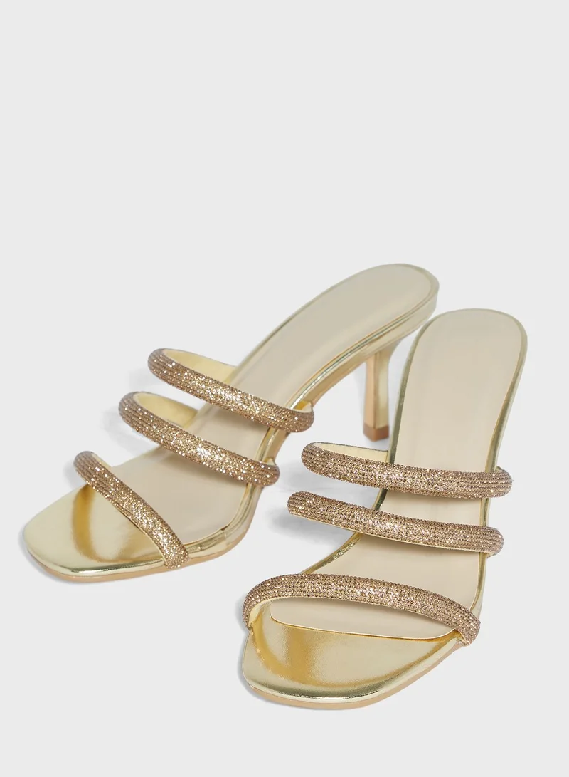 Truffle Mid Stiletto Heel Diamante Mule Sandal