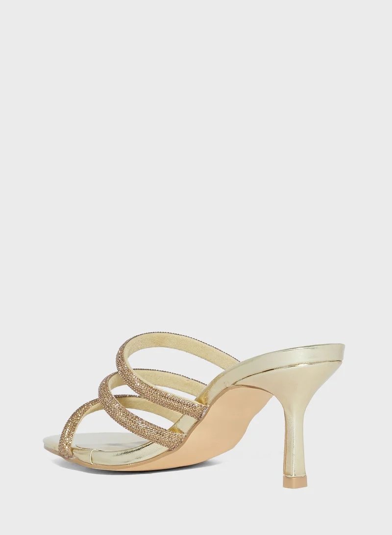 Truffle Mid Stiletto Heel Diamante Mule Sandal