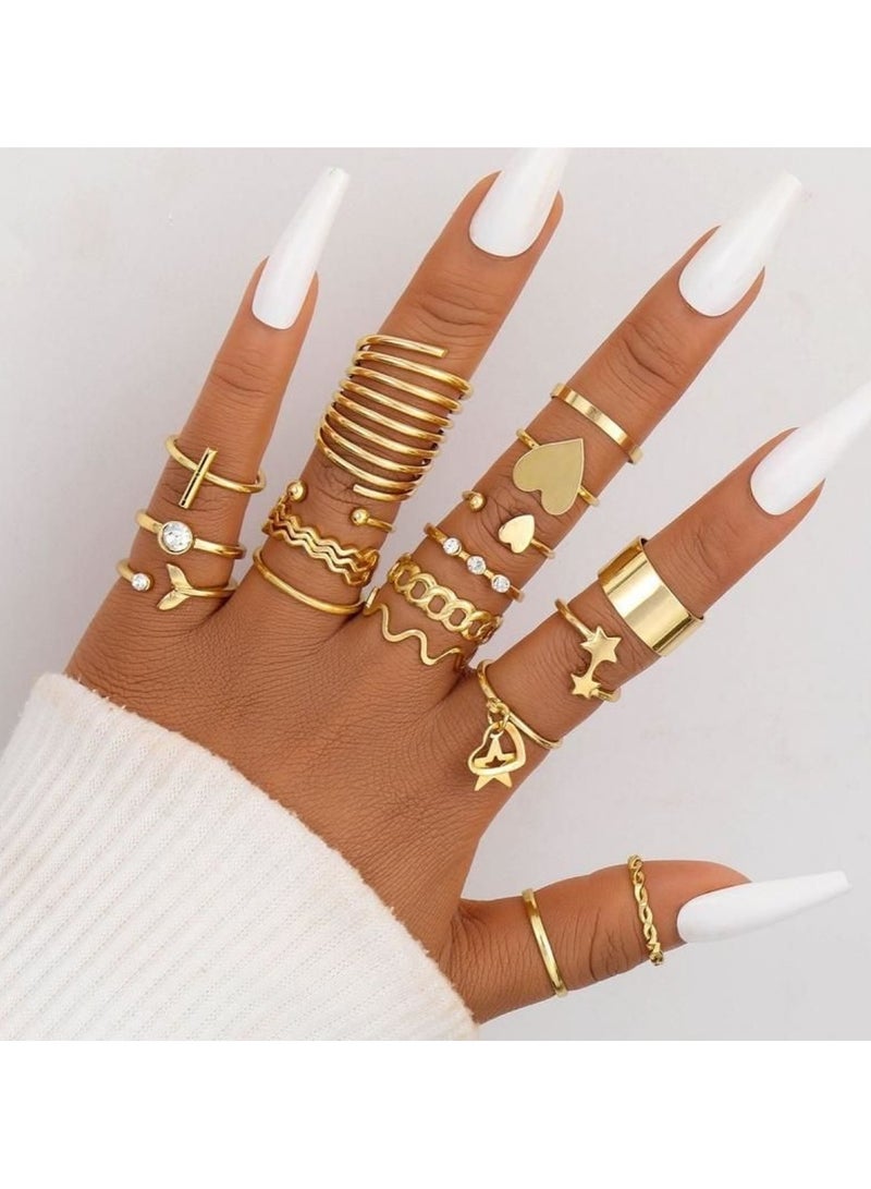 Elegant 18-Piece Gold Colour Ring Set – Trendy & Versatile Jewelry Collection (Sizes: 5.25, 6.5, 6.75, 7, 7.25, 7.5, 7.75, 8, 8.75)