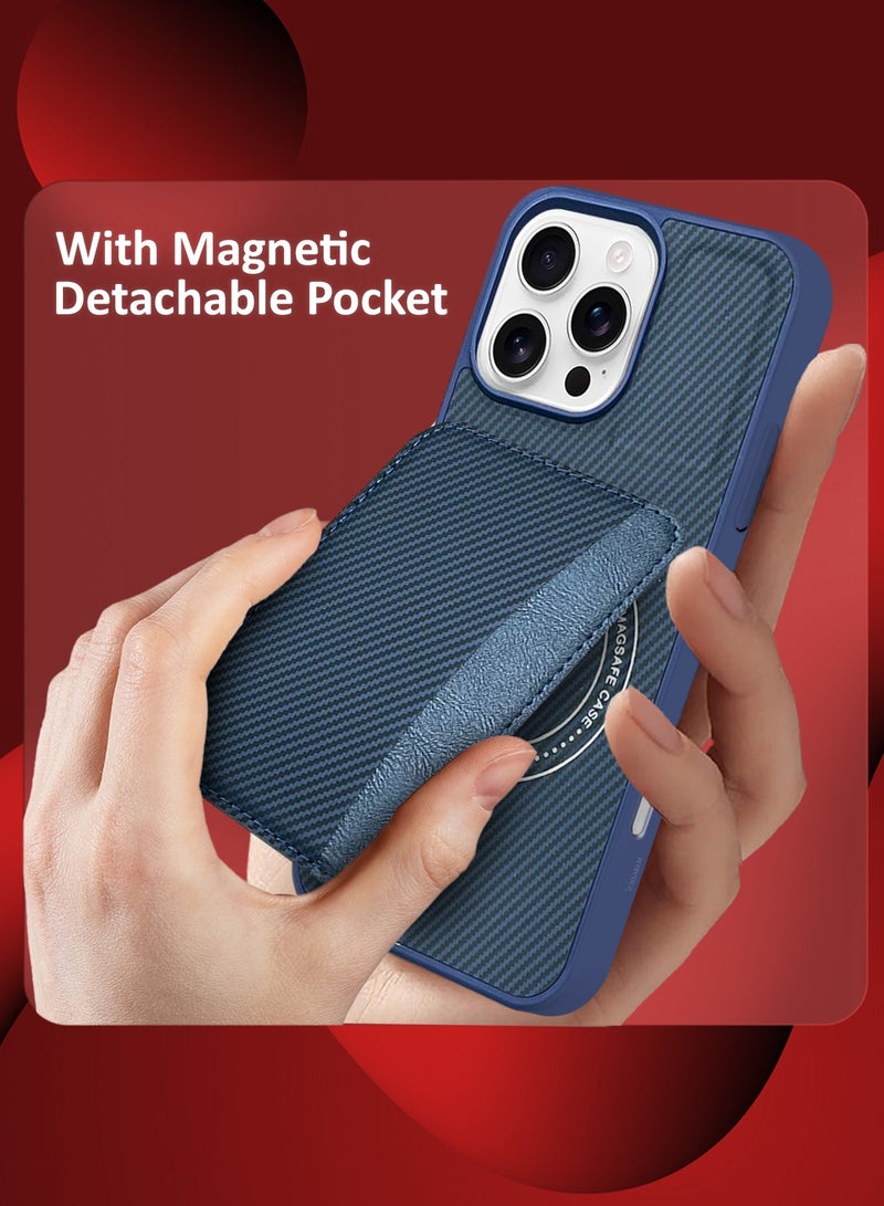 CATANES iPhone 16 Pro Max Case Leather Antifingerprint Cover with Detachable Wallet Card Slot Shell Insert Card Holder Anti Fall Protection Carbon Fiber Design - Dark Blue  - Image 5
