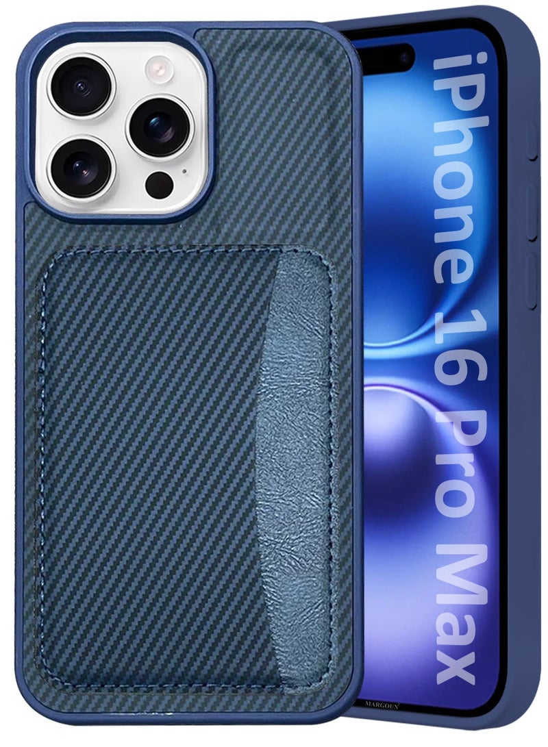 CATANES iPhone 16 Pro Max Case Leather Antifingerprint Cover with Detachable Wallet Card Slot Shell Insert Card Holder Anti Fall Protection Carbon Fiber Design - Dark Blue  - Image 1