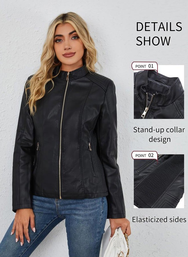 Bellivera Faux Leather Jackets for Women Moto Bike Solid Coat 37 Black L - Image 3
