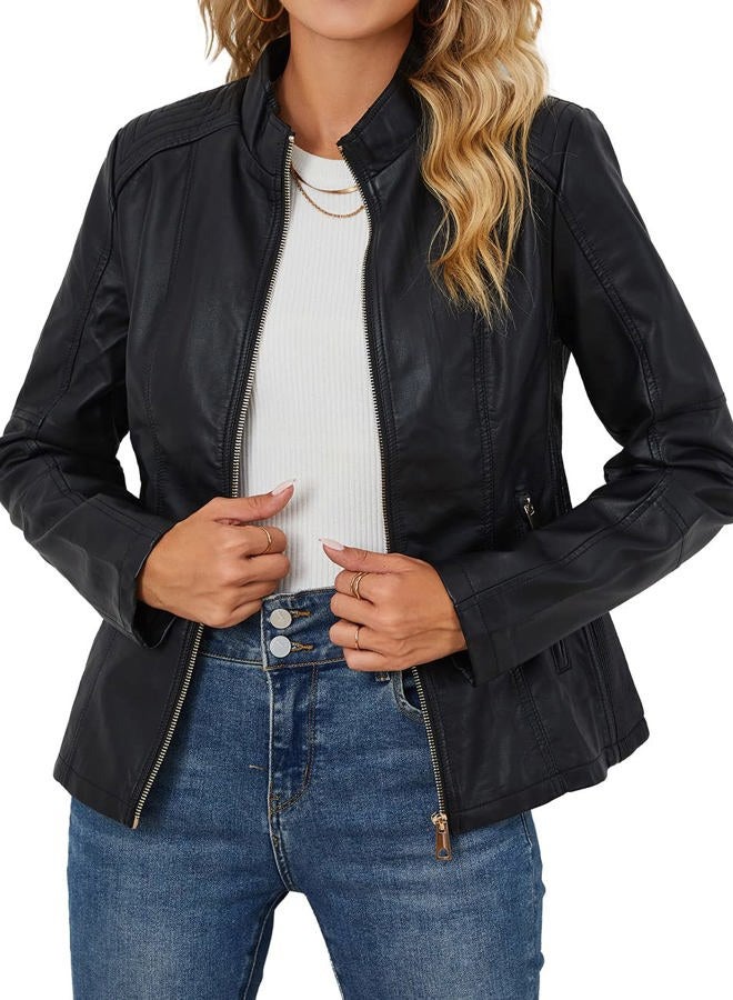 Bellivera Faux Leather Jackets for Women Moto Bike Solid Coat 37 Black L - Image 1