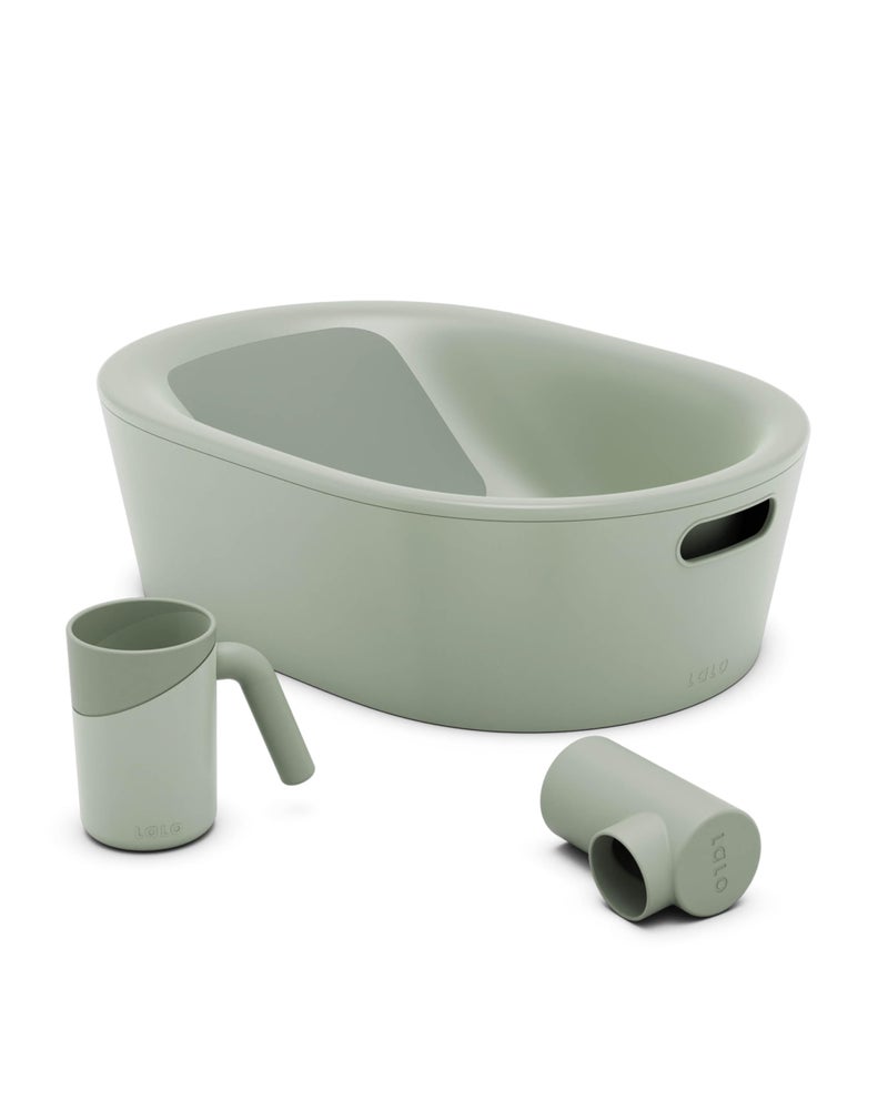 Lalo Bathtime Starter Kit - 3-Piece Set Includes Modern Baby Bathtub, Rinse Cup & Spout Cover - Safe, Easy to Clean Design for Newborns - 25.3 x 18 x 7.7 in, 10 lb - Sage - Image 1