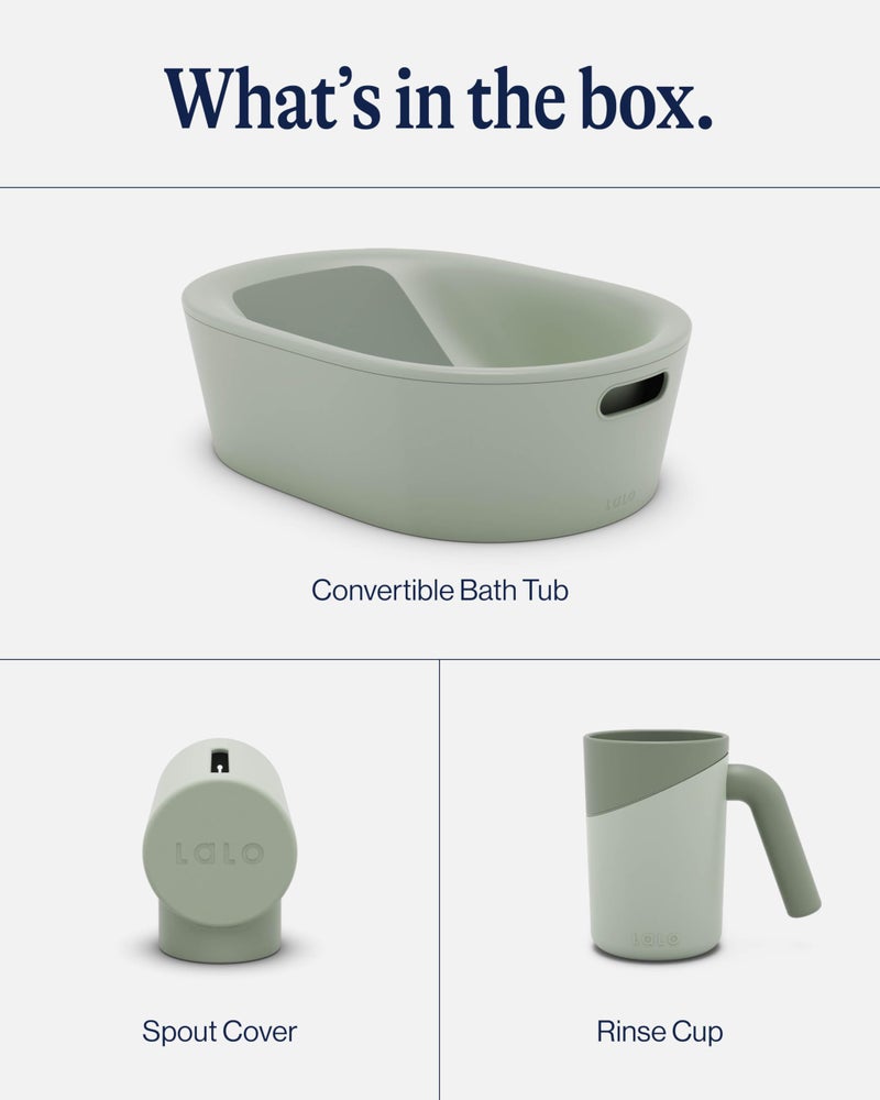 Lalo Bathtime Starter Kit - 3-Piece Set Includes Modern Baby Bathtub, Rinse Cup & Spout Cover - Safe, Easy to Clean Design for Newborns - 25.3 x 18 x 7.7 in, 10 lb - Sage - Image 3