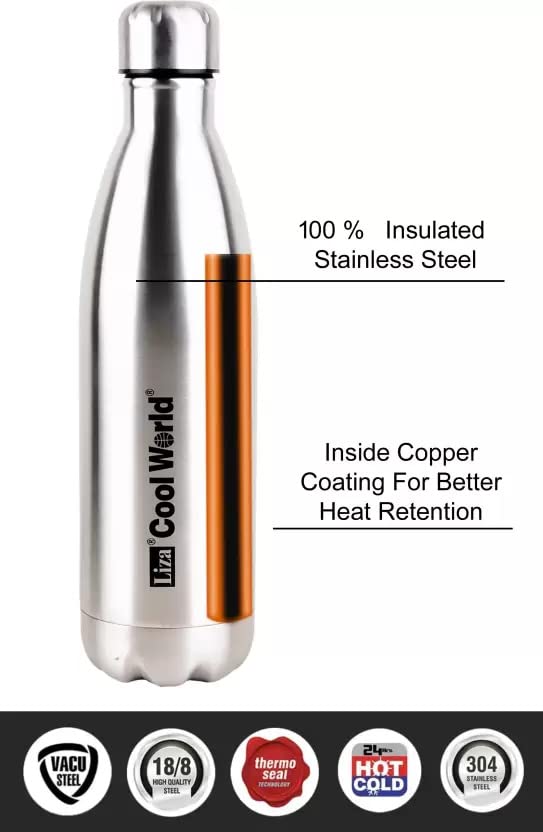 Liza Liza Cool World Thermoseal Technology, Insulated Steel Flask, 18 Hours Hot and 24 Hours Cold Water 1000 ml Bottle (Pack of 1, Silver col, Steel) - Image 3