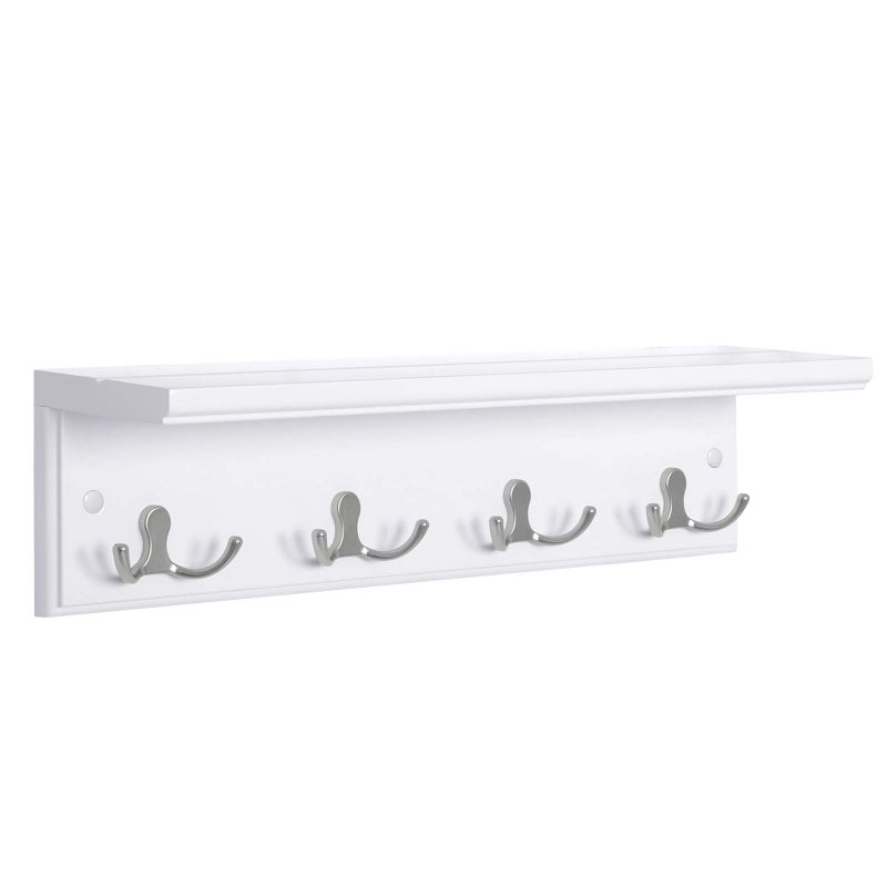 SONGMICS SONGMICS Entryway Hanging Coat Rack WallMounted Wooden Shelf with 4 Double Hooks Wall Floating Shelf White ULHR42WT 