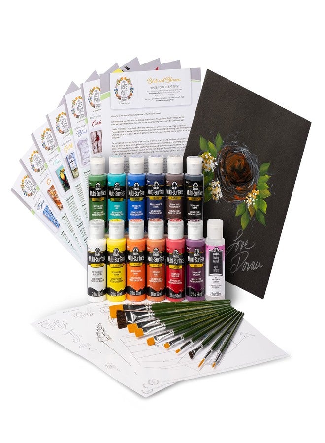 FolkArt One Stroke Birds & Blossoms Acrylic Paint Kit, 32 Piece Set Including 12 2 fl oz FolkArt Multi-Surface Paints, 10 Brushes, 6 Teaching Guides, 3 Pattern Sheets & 1 2 fl oz Floating Medium - Image 1