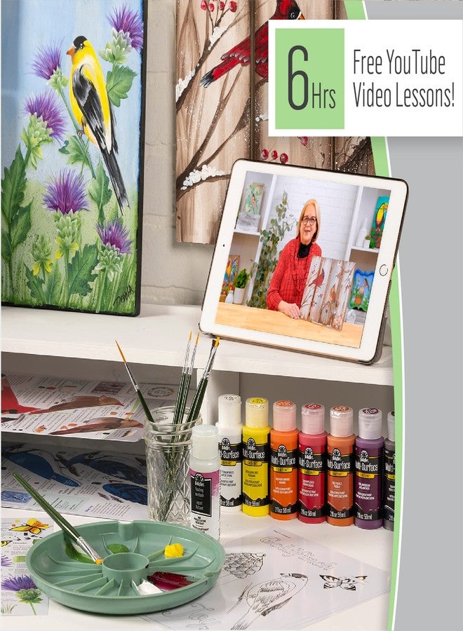 FolkArt One Stroke Birds & Blossoms Acrylic Paint Kit, 32 Piece Set Including 12 2 fl oz FolkArt Multi-Surface Paints, 10 Brushes, 6 Teaching Guides, 3 Pattern Sheets & 1 2 fl oz Floating Medium - Image 4