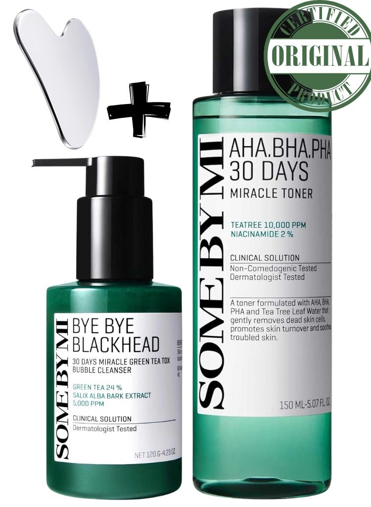 سام باي مي مجموعة معجزة 30 يومًا من SOME BY MI - تونر AHA BHA PHA، منظف فقاعات الشاي الأخضر Bye Bye Blackhead وجهاز تدليك الوجه - العناية بالبشرة الكورية لإزالة الرؤوس السوداء، وتقليل المسام، ونعومة البشرة - Image 1