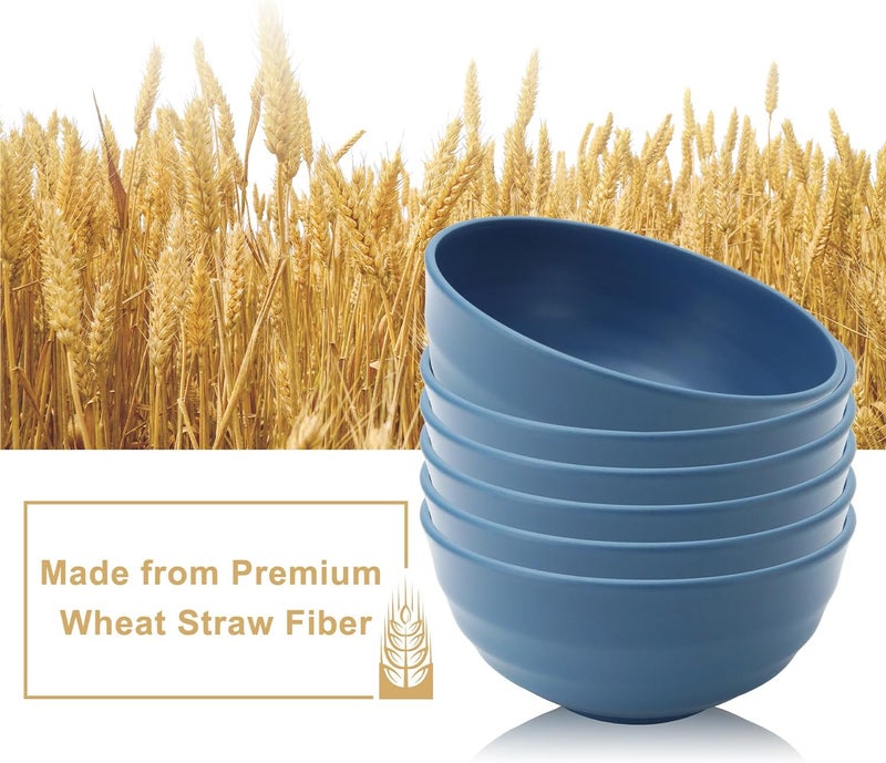 BUSOKIP Wheat Straw Bowl Set of 6, Rusable Large Plastic Bowls, 60 OZ Microwave Safe Big Bowl Set for Fruit, Salad, Serving Bowls for Kitchen, Picnic, RV - Bule - Image 3