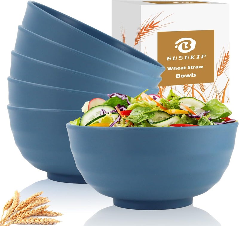 BUSOKIP Wheat Straw Bowl Set of 6, Rusable Large Plastic Bowls, 60 OZ Microwave Safe Big Bowl Set for Fruit, Salad, Serving Bowls for Kitchen, Picnic, RV - Bule - Image 1