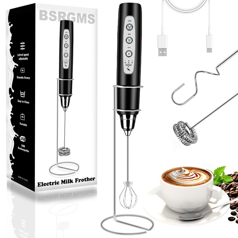 BSRGMS Milk Frother Handheld with Stand Electric Whisk 3 Speed Adjustable Drink Mixer with Stainless 3 Whisk Rechargeable Hand Frother Wand Foam Maker for Latte Cappuccino Hot Chocolate Egg Black