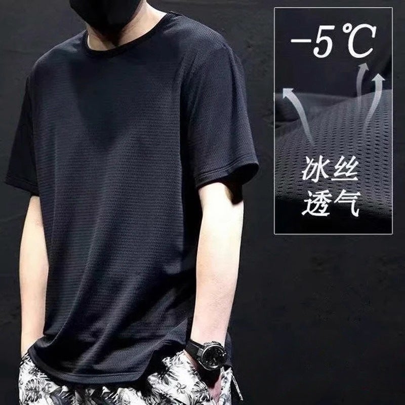 Summer Breathable Ice Silk T-Shirt Men'S Sports Cool Mesh Thin Half-Sleeved Loose Youth Pure Color Top - Image 2