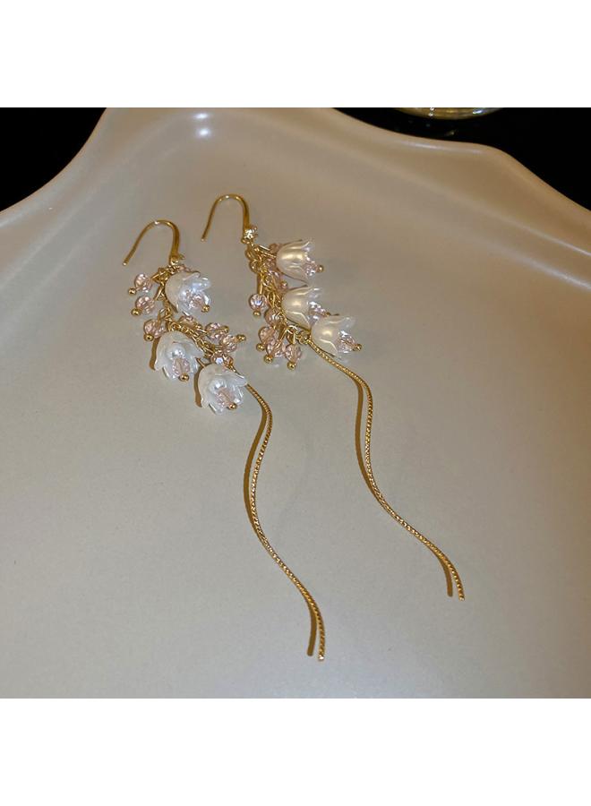Fashion Design Pearl Cluster Tassel Earrings Hong Kong Style Retro Personality Elegant Ear Hook Internet Celebrity All-match Earrings For Women