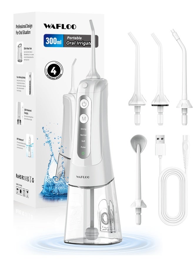WAFLOO Water Flosser for Teeth Cordless: 4 Jet Tips 4 Modes Oral Irrigator Portable, 300ML Tank USB Rechargeable IPX7 Waterproof Water Flossing for Adults Teeth Cleaning Home and Travel, White - Image 1
