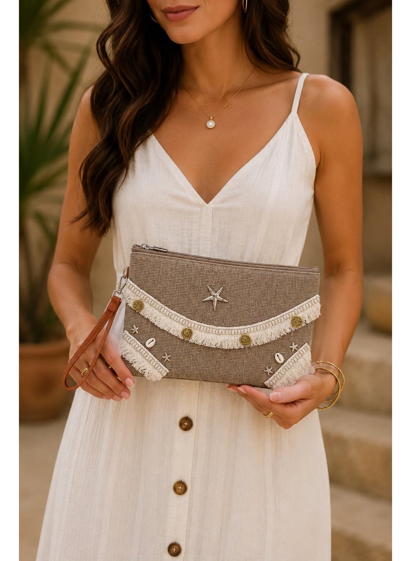 LIFESTYLISH Handbags Summer Decorated with ribbons and shells ZT-7 - Beige - Image 1