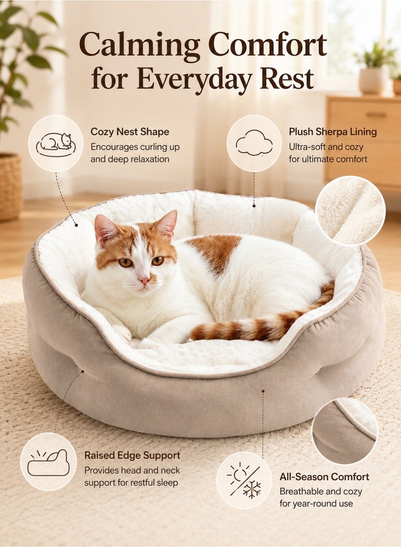 Plush Cat Bed for Indoor Cats and Small Dogs, 50 cm Round Washable Pet Bed with Sherpa Lining and Non-Slip Bottom - Image 3