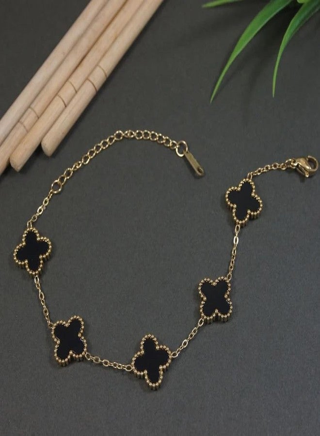 JWELLA Gold Plated Black Clover Wrist Bracelet for Women | Hand Band for Girls | Fancy & Stylish Womens Accessories Bracelets for Woman, Girlfriend & Wife - Image 2