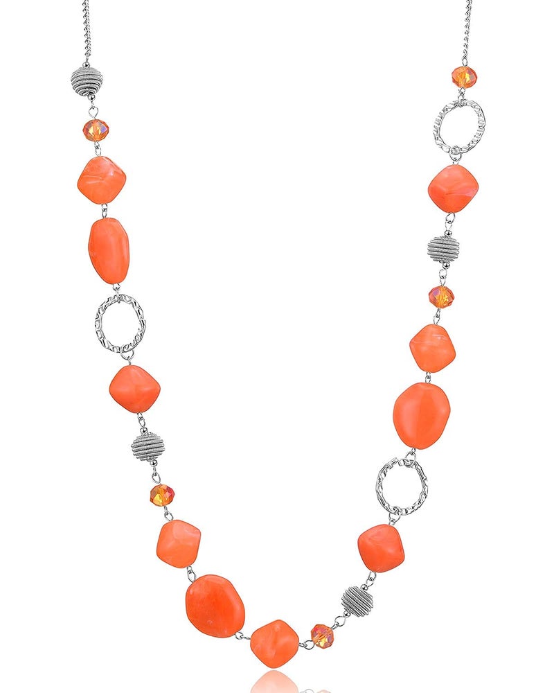 BULINLIN Beaded Long Necklace for Women Silver Sweater Chain Necklace with Crystal Resin Beads, Fashion Jewelry Necklace(Dark light orange) - Image 1
