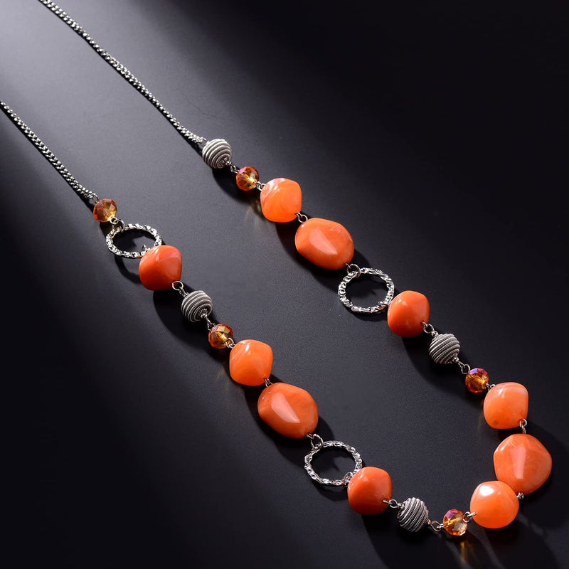 BULINLIN Beaded Long Necklace for Women Silver Sweater Chain Necklace with Crystal Resin Beads, Fashion Jewelry Necklace(Dark light orange) - Image 3