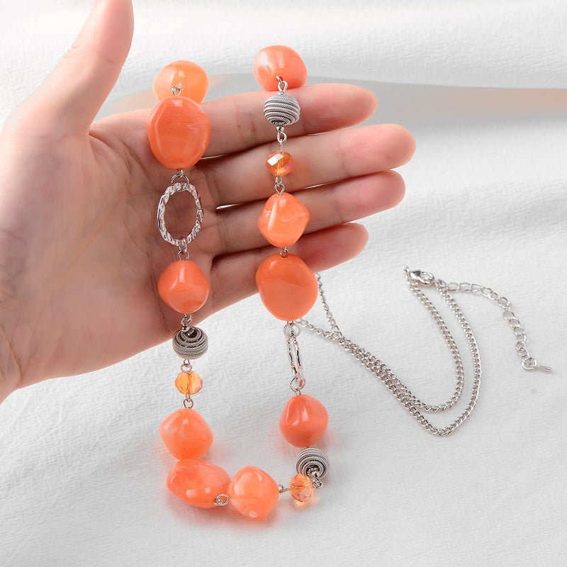 BULINLIN Beaded Long Necklace for Women Silver Sweater Chain Necklace with Crystal Resin Beads, Fashion Jewelry Necklace(Dark light orange) - Image 4