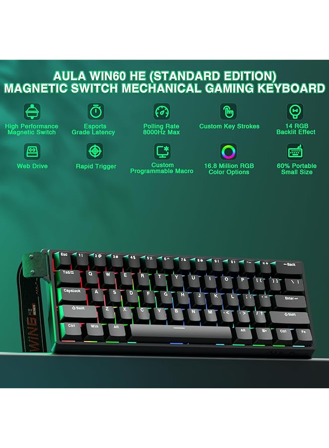 AULA Win60 He Mechanical Gaming Keyboard With Cable Hall Effect Magnetic Switches Rapid Trigger Adjustable Actuation 60% Rgb Keyboard For Pc/Mac (Black) - Image 2