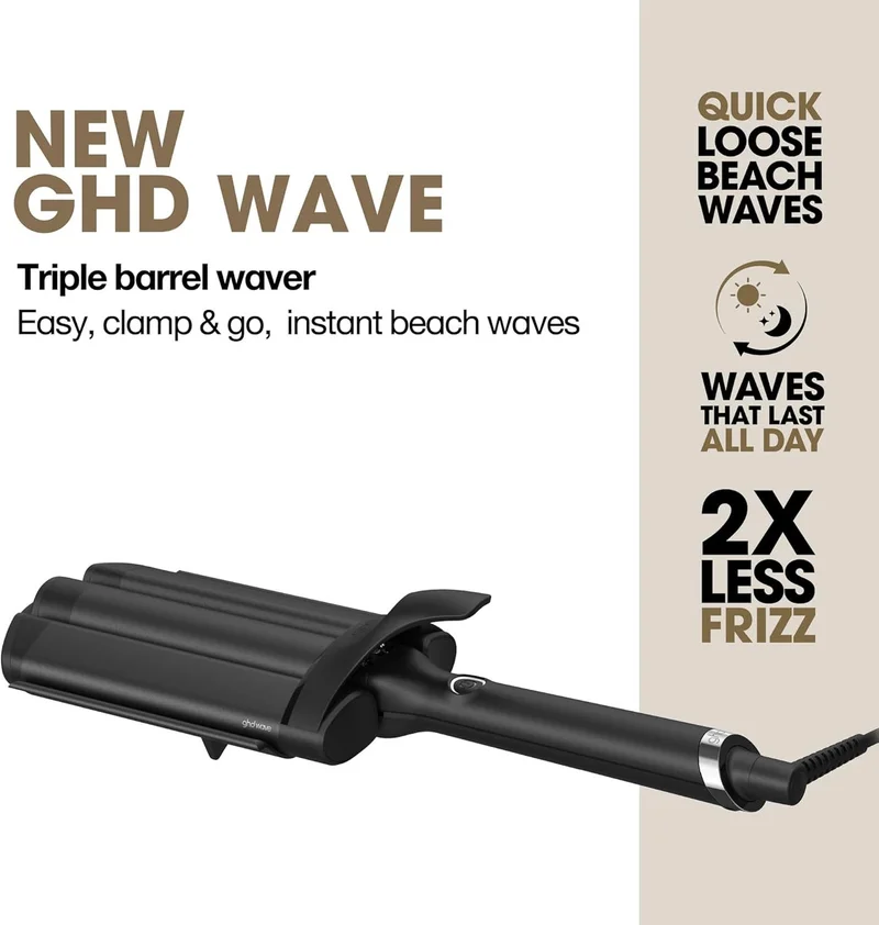 ghd مصفف شعر جي إتش دي ويف ستايلر بثلاث أسطوانات – أداة لتجعيد الشعر وتموجات الشاطئ بسهولة وتصفيف ناعم