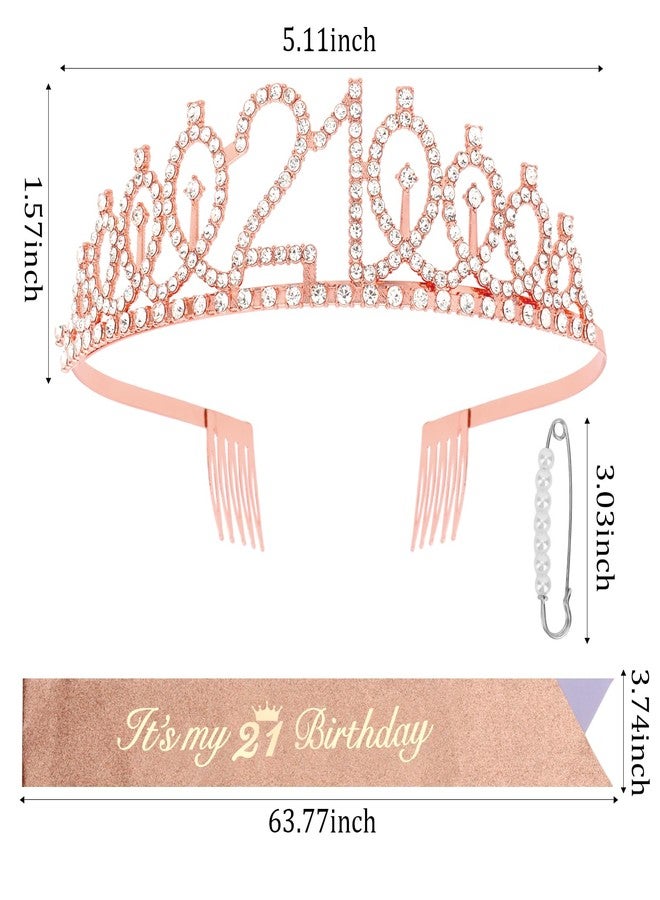 CAVETEE 21st Birthday Crown for Women, Rose Gold Tiara and Sash - Rhinestone Crown, 21st Happy Birthday Decorations for Party Favor - Image 2
